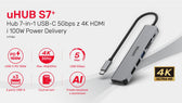Hub USB-C Unitek H1118A 7w1, HDMI 4K, 3x USB-A, USB-C PD 100W, alu