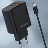 Ładowarka sieciowa Beline 45W 1xUSB-C + 1xUSB GaN PD 3.0 QC 3.0 + kabel USB-C/USB-C - czarna