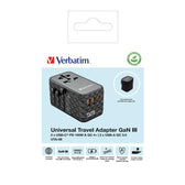 Adapter podróżny Verbatim UTA-06 GaN III globalny 2xUSB-C PD QC 4+ 100W, 2xUSB-A QC 3.0 18W