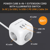 Kostka zasilająca Qoltec przedłużacz 6w1 z podświetlanym włącznikiem | 3x AC | 2x USB | 1x USB-C PD 20W | Biała | Kabel 2m