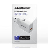 Ładowarka sieciowa Qoltec 45W GaN | 5-20V | 1.5-3A | 1xUSB-C PD | 1xUSB QC 3.0 | Biała