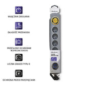 Listwa zasilająca antyprzepięciowa Qoltec Quick Switch | 6 gniazd | 1,8m | szara