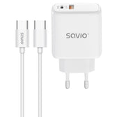 Ładowarka sieciowa 20W SAVIO LA-13 + Kabel Quick Charge Power Delivery 3.0 Biała