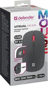 Mysz bezprzewodowa Defender VITRUAL MB-635 optyczna 1600dpi 2.4 GHz + Bluetooth czarna AKUMULATOR bezklikowa silent