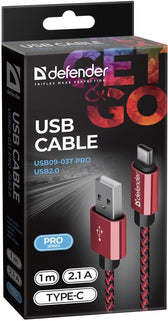 Kabel USB Defender AM-TYPE C 1m 2,1A czerwony
