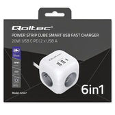 Kostka zasilająca Qoltec przedłużacz 6w1 z podświetlanym włącznikiem | 3x AC | 2x USB | 1x USB-C PD 20W | Biała | Kabel 2m