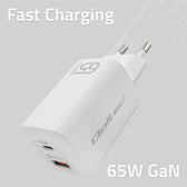 Ładowarka sieciowa Qoltec 65W GaN ULTRA | 5-20V | 2.25-3.25A | 1 x USB typ C PD | 1 x USB QC 3.0 | Biała