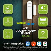 Czujnik otwarcia drzwi i okien GreenBlue GB478, bezprzewodowy WiFi kontraktron Android iOS 3.0V DC, LR03x2, z alarmem