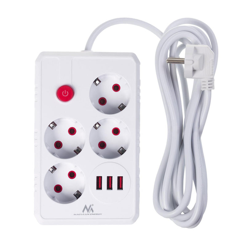 Listwa zasilająca Maclean MCE393 W, przedłużacz 4 gniazda + 3xUSB, 110-240V AC 50/60Hz, 2.1A max 2500W, 3m, biała