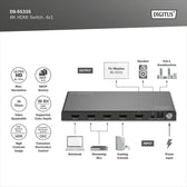 Przełącznik/Switch DIGITUS HDMI 4x1, 8K/60Hz (4:4:4) z HDR, 48 Gbps, HDCP 2.3, Toslink / Stereo , EDID