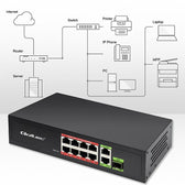 Switch niezarządzalny Qoltec przełącznik sieciowy FAST Ethernet 8x RJ45 PoE 2x RJ45 Uplink 1x SFP | 120W | 1000 Mb/s