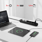 Listwa zasilająca Maclean MCE395 B, przedłużacz 5 gniazd + 3xUSB, 110-240V AC 50/60Hz, 2.1A max 2500W, 1,5m, czarna