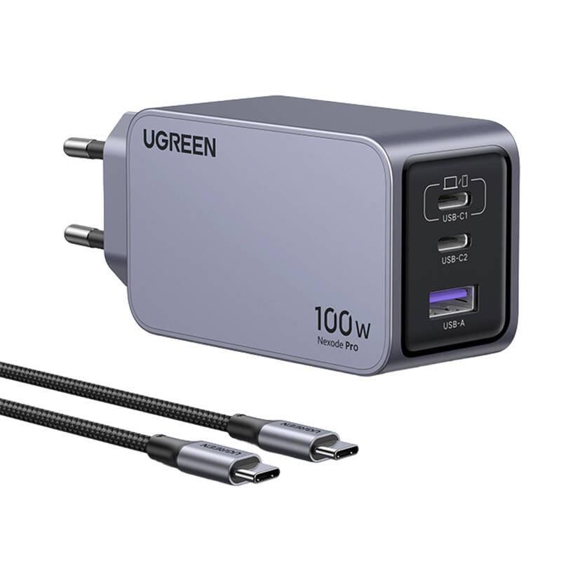 Ładowarka sieciowa Ugreen Nexode Pro 25874 100W, GaN, USB + 2x USB-C - szara