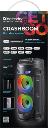 Głośnik Defender CRASHBOOM Bluetooth 16W MP3/FM/SD/USB/AUX/TWS/LED/MIC/LCD KARAOKE czarny + mikrofon + pilot