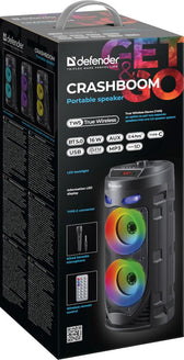 Głośnik Defender CRASHBOOM Bluetooth 16W MP3/FM/SD/USB/AUX/TWS/LED/MIC/LCD KARAOKE czarny + mikrofon + pilot