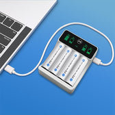 Ładowarka Qoltec do akumulatorków Ni-MH typu R03 AAA R6 AA | LCD | Kabel USB-C | Biała