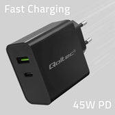 Ładowarka sieciowa Qoltec Super Quick PD | 1xUSB-C | 1xUSB | 45W | 5-20V | 2.25-3A | Czarna