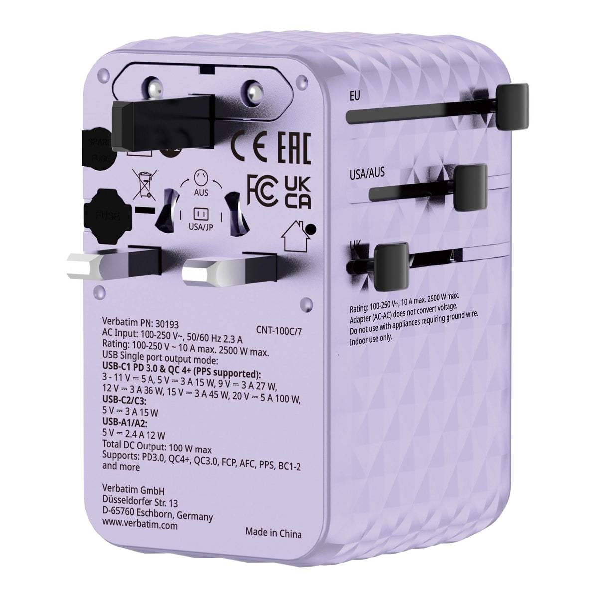 Adapter podróżny Verbatim Charge 'n' Travel GaN III globalny 1xUSB-C PD 3.0 QC 4+ 100W, 2xUSB-C 15W, 1xUSB-A 12W fioletowy