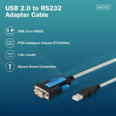 Kabel adapter DIGITUS USB 2.0 do RS232 (DB9), Chipset FTDI (FT232RNL), PVC, Transparentny, Mocowanie na śruby, 1.8m