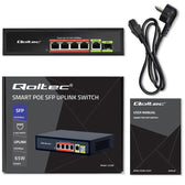 Switch niezarządzalny Qoltec przełącznik sieciowy FAST Ethernet 4x RJ45 PoE 1x RJ45 Uplink 1x SFP | 65W | 1000 Mb/s