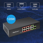 Switch niezarządzalny Qoltec przełącznik sieciowy FAST Ethernet 8x RJ45 PoE 2x RJ45 Uplink 1x SFP | 120W | 1000 Mb/s