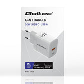 Ładowarka sieciowa Qoltec 20W GaN | 5-20V | 1.5-3A | 1xUSB-C PD | 1xUSB QC 3.0 | Biała