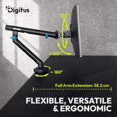 Ramię biurkowe pojedyncze DIGITUS z zaciskiem i sprężyną mechaniczną, 1x LCD max. 35" 10kg, VESA: 75x75, 100x100, Czarne