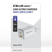 Ładowarka sieciowa Qoltec 65W GaN ULTRA | 5-20V | 2.25-3.25A | 1 x USB typ C PD | 1 x USB QC 3.0 | Biała