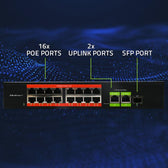 Switch niezarządzalny Qoltec przełącznik sieciowy Fast Ethernet PoE | 16x RJ45 10/100 Mb/s | 2x RJ45 Uplink 1000 Mb/s | 1x SFP 1000 Mb/s