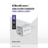 Ładowarka sieciowa Qoltec 35W GaN ULTRA | 5-20V | 2.25-3A | 1 x USB typ C PD | 1 x USB | Biała