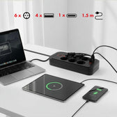Listwa zasilająca Maclean MCE389 B, przedłużacz 6 gniazd + 4xUSB + USB-C, 110-240V AC 50/60Hz, 2.1A max 2500W, 1,5 m, czarna