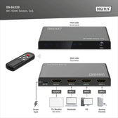 Przełącznik/Switch DIGITUS HDMI 3x1, 8K/60Hz (4:4:4) z HDR, 48 Gbps, HDCP 2.3