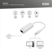 Karta sieciowa DIGITUS przewodowa USB 3.0 Typ C do Gigabit Ethernet 10/100/1000Mbps