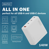 Ładowarka sieciowa DIGITUS GaN II 140W, 3x USB-C, 1x USB-A, PD 3.0, QC 3.0, Biała