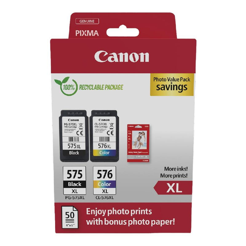 Zestaw tuszy Canon PG-575 XL Black 15 ml 300 str./CL-576 XL Color 12,6 ml 300 str. + papier fotograficzny GP-501 Glossy (5437C006)