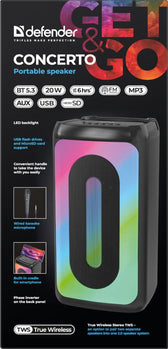 Głośnik Defender CONCERTO Bluetooth 20W MP3/FM/SD/USB/AUX/TWS/LED/MIC KARAOKE czarny + mikrofon