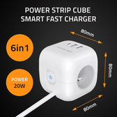 Kostka zasilająca Qoltec przedłużacz 6w1 z podświetlanym włącznikiem | 3x AC | 2x USB | 1x USB-C PD 20W | Biała | Kabel 2m