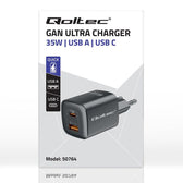 Ładowarka sieciowa Qoltec 35W GaN ULTRA | 5-20V | 2.25-3A | 1 x USB typ C PD | 1 x USB QC 3.0 | Czarna