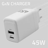 Ładowarka sieciowa Qoltec 45W GaN | 5-20V | 1.5-3A | 1xUSB-C PD | 1xUSB QC 3.0 | Biała