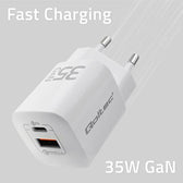 Ładowarka sieciowa Qoltec 35W GaN ULTRA | 5-20V | 2.25-3A | 1 x USB typ C PD | 1 x USB | Biała