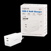 Ładowarka sieciowa LogiLink PA0367 USB GaN, 65 W, 2x USB-C (PD 3.0/QC 4.0), biała