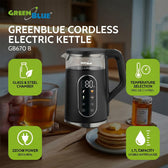 Czajnik elektryczny bezprzewodowy GreenBlue GB670 B, pojemność 1.7l, szklany zbiornik na wodę, czytelny, wybór temp., 2200W