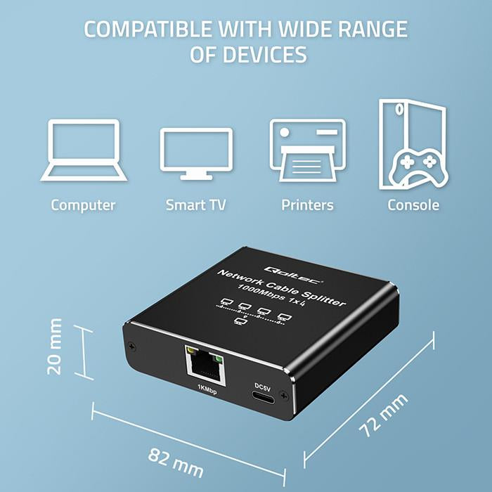 Switch niezarządzalny Qoltec mini rozdzielacz splitter 1x4 port RJ45 | 1000Mb/s | USB-C | Aluminium
