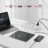 Listwa zasilająca Maclean MCE389 W, przedłużacz 6 gniazd + 4xUSB + USB-C, 110-240V AC 50/60Hz, 2.1A max 2500W, 1,5 m, biała