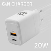 Ładowarka sieciowa Qoltec 20W GaN | 5-20V | 1.5-3A | 1xUSB-C PD | 1xUSB QC 3.0 | Biała