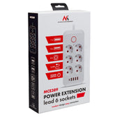 Listwa zasilająca Maclean MCE389 W, przedłużacz 6 gniazd + 4xUSB + USB-C, 110-240V AC 50/60Hz, 2.1A max 2500W, 1,5 m, biała