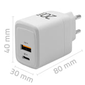 Ładowarka sieciowa Qoltec 20W GaN | 5-20V | 1.5-3A | 1xUSB-C PD | 1xUSB QC 3.0 | Biała