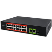 Switch niezarządzalny Qoltec przełącznik sieciowy Fast Ethernet PoE | 16x RJ45 10/100 Mb/s | 2x RJ45 Uplink 1000 Mb/s | 1x SFP 1000 Mb/s