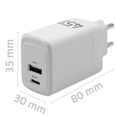 Ładowarka sieciowa Qoltec 45W GaN | 5-20V | 1.5-3A | 1xUSB-C PD | 1xUSB QC 3.0 | Biała