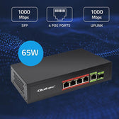 Switch niezarządzalny Qoltec przełącznik sieciowy FAST Ethernet 4x RJ45 PoE 1x RJ45 Uplink 1x SFP | 65W | 1000 Mb/s